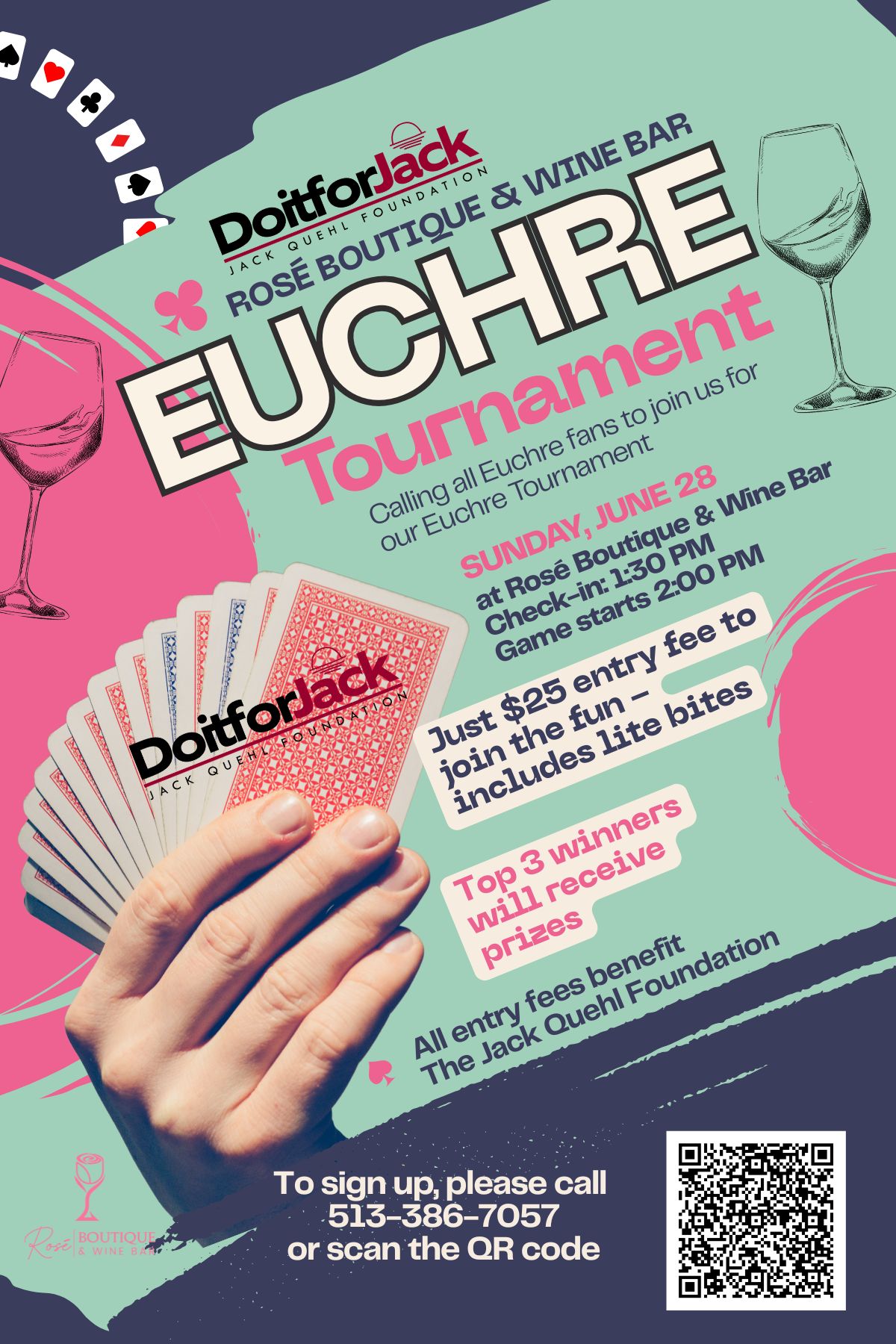 Do It For Jack Euchre Tournament flyer — Sunday, June 28 at Rosé Boutique & Wine Bar