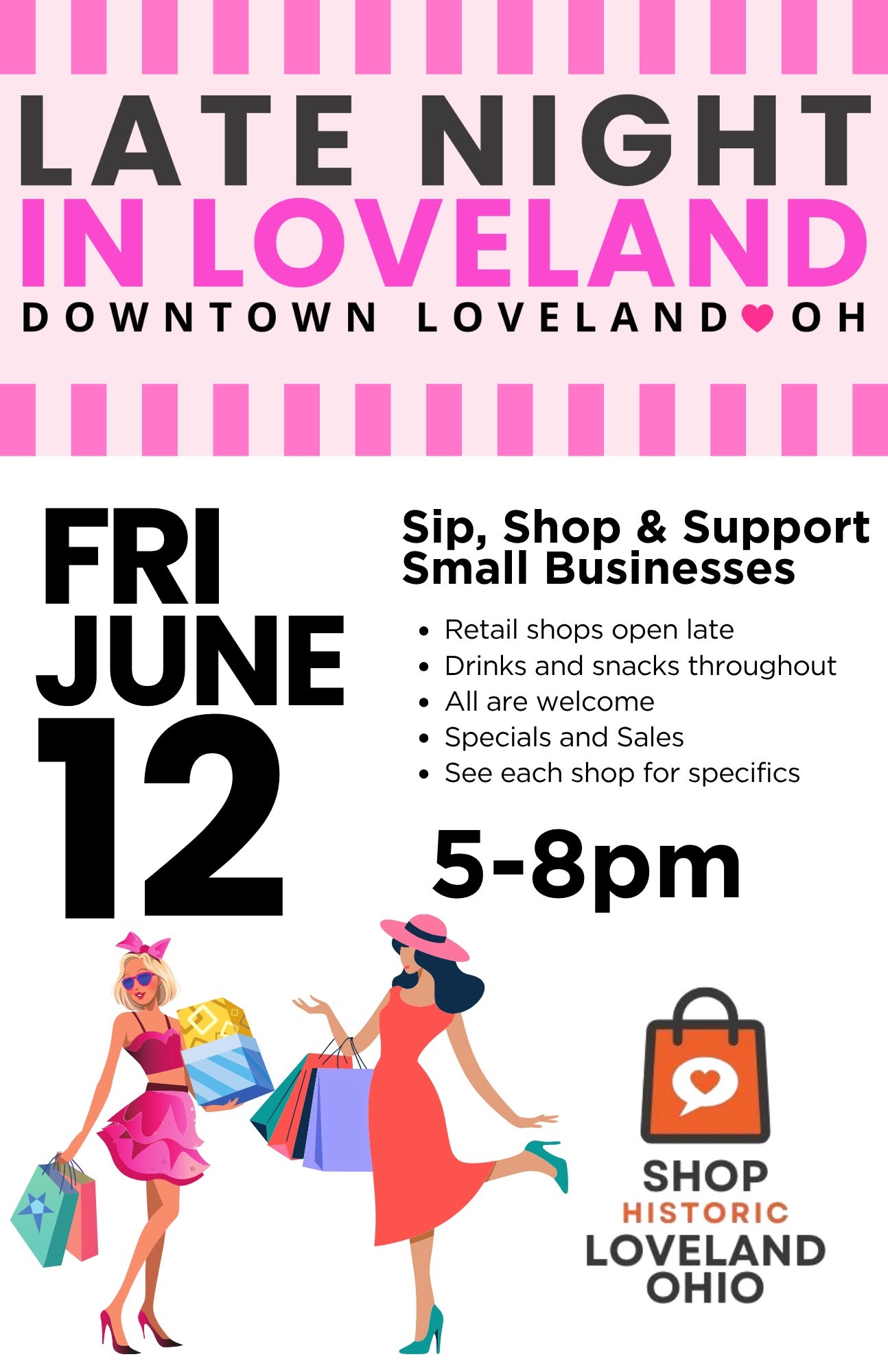 Late Night in Loveland flyer — Friday, June 12, 5–8 PM in Downtown Loveland, OH