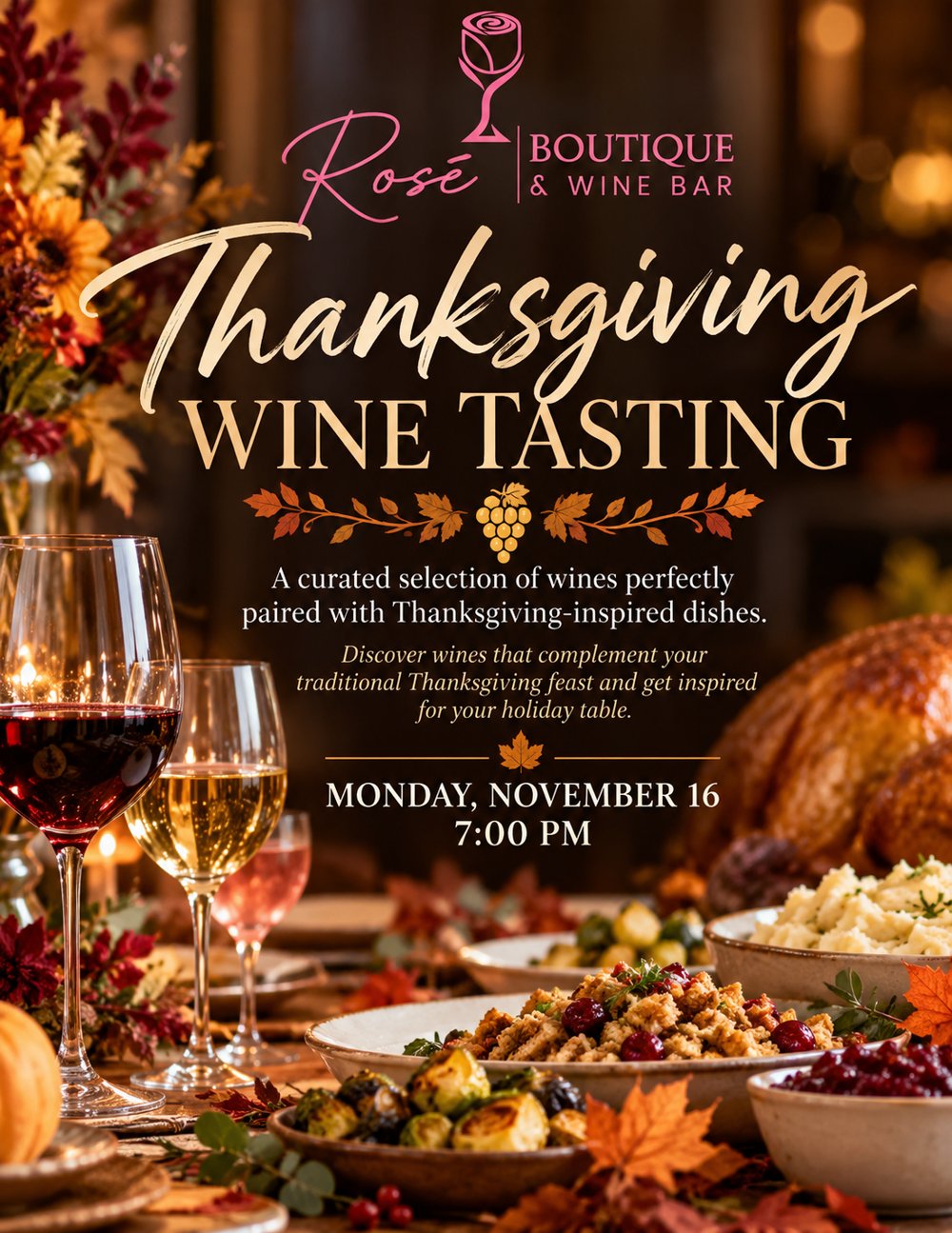 Thanksgiving Wine Tasting flyer — a curated selection of wines paired with Thanksgiving-inspired dishes, Monday, November 16 at 7:00 PM, at Rosé Boutique & Wine Bar