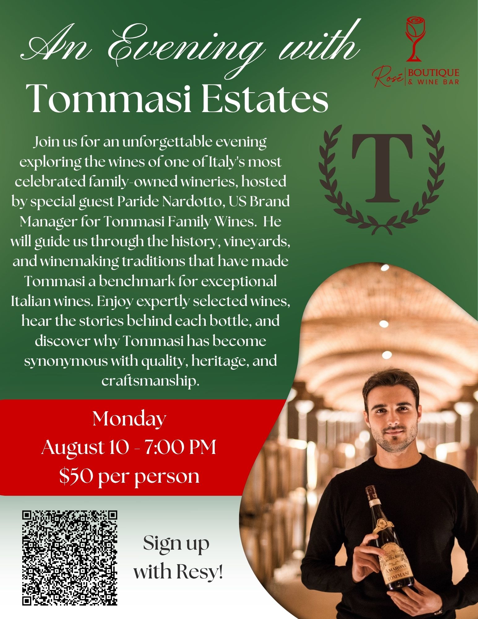 An Evening with Tommasi Estates flyer — Monday, August 10 at 7:00 PM, $50 per person, at Rosé Boutique & Wine Bar